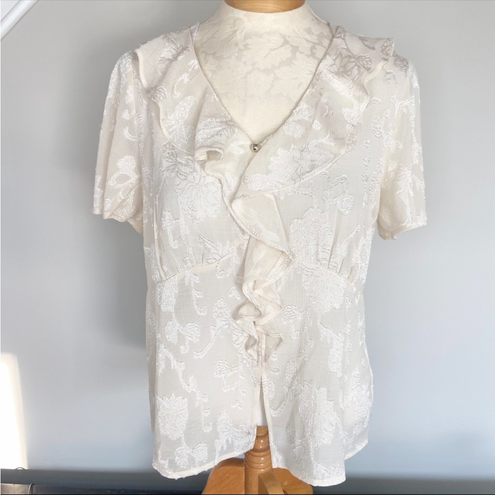 Pleione Sheer Ruffled Blouse Ivory Damask Size Medium New with Tags Empire Waist
